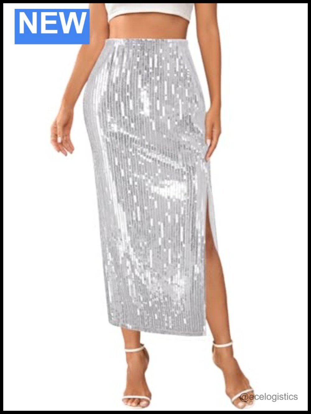 Sequin Maxi Skirt High Waist Split Hem Long Pencil Party Skirt